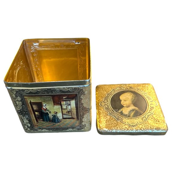 Vtg Embossed Holland Tin Box Old Master Art Hinged Gold Silver READ 4.75" Square - Picture 12 of 16